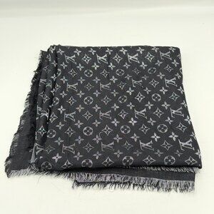 LOUIS VUITTON M75123 Silk Shawl Monogram Shine Large Stole Black Silver 50x50